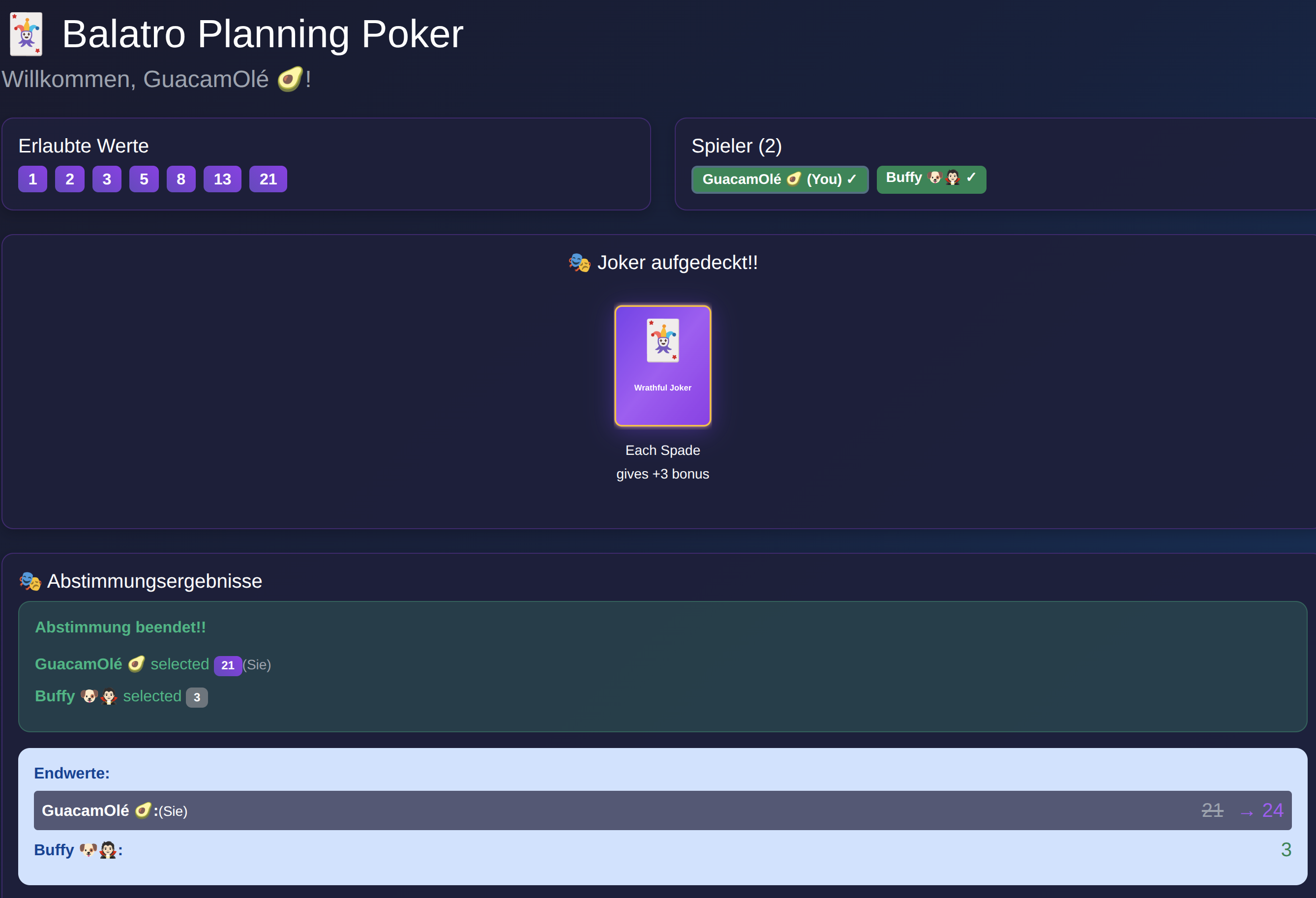 Player view: The game has ended. A joker appeared (Wrathful Joker). The scores from all players are shown
